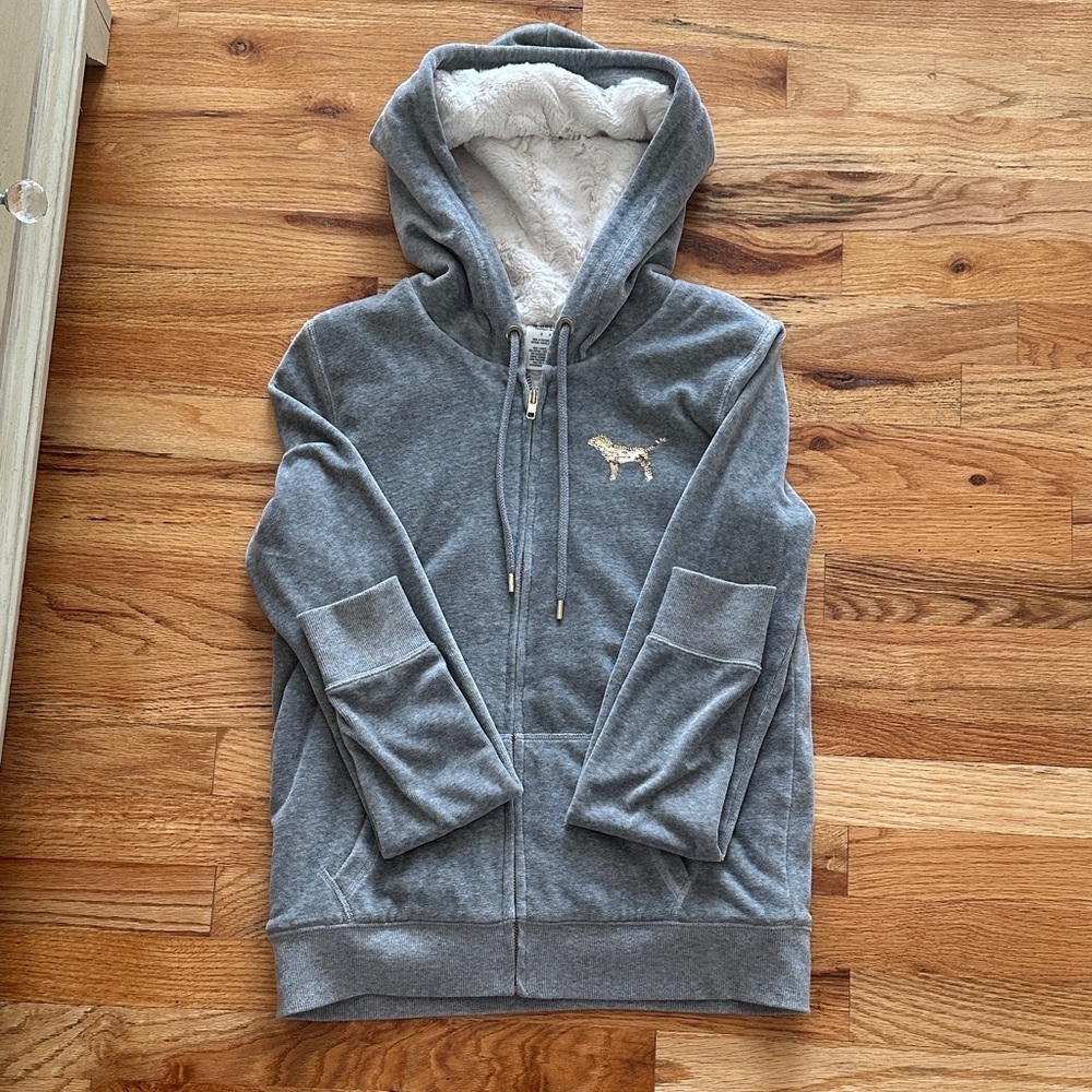 Iconic PINK Gray Zip-Up Hoodie with Gold Dog Logo
